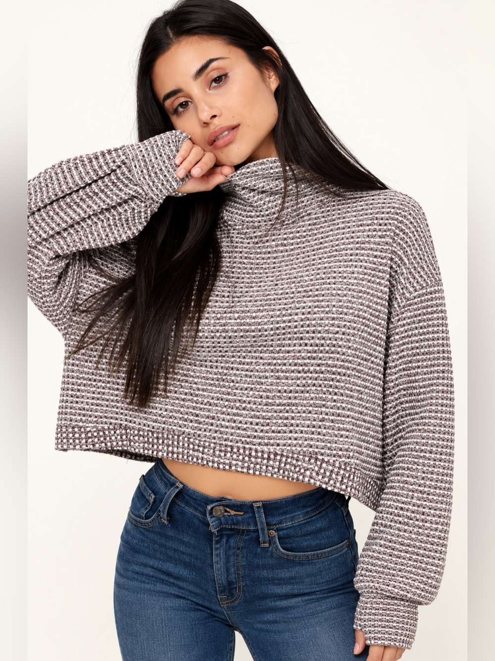 Free People “BK Tee” $110 Cropped Thermal Turtleneck in Wine Red and White.